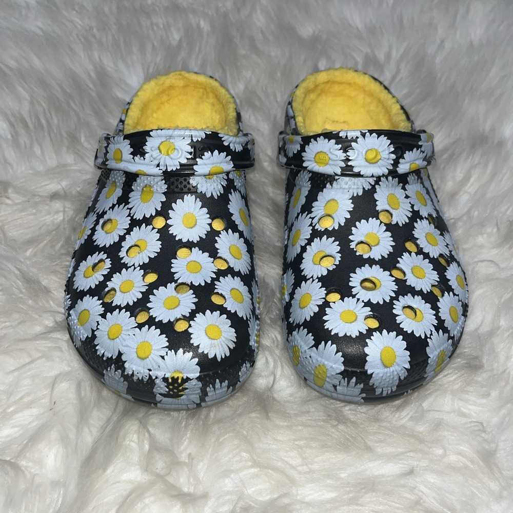 Crocs Classic Clog Shoes Women's 9 Black White Yellow Floral Print Lined Slip On - Picture 4 of 12
